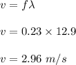v=f\lambda\\\\v=0.23\times 12.9\\\\v=2.96\ m/s