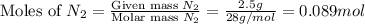 \text{Moles of }N_2=\frac{\text{Given mass }N_2}{\text{Molar mass }N_2}=\frac{2.5g}{28g/mol}=0.089mol