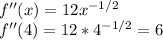 f''(x)=12x^{-1/2}\\f''(4)=12*4^{-1/2}=6