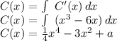 C(x) = \int\ {C'(x)} \, dx \\C(x) = \int\ {(x^3-6x)} \, dx \\C(x) = \frac{1}{4} x^4-3x^2+a