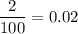 \dfrac{2}{100}=0.02