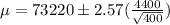 \mu = 73220 \pm 2.57 (\frac{4400}{\sqrt{400}})