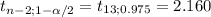 t_{n-2;1-\alpha /2}= t_{13; 0.975}= 2.160