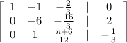\left[\begin{array}{ccccc}1&-1&-\frac{2}{3} &|&0\\0&-6&-\frac{16}{3} &|&2\\0&1&\frac{n+6}{12} &|&-\frac{1}{3}\end{array}\right]