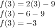 f(3) = 2(3) - 9\\f(3) = 6 - 9\\f(3) = -3