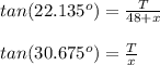 tan(22.135^o)=\frac{T}{48+x}  \\ \\tan(30.675^o)=\frac{T}{x}
