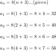 a_n= 8(n+3)...(given)  \\\\   a_1= 8(1+3) = 8 \times 4 = 32 \\  \\ \: a_2= 8(2+3) = 8 \times 5 = 40 \\  \\ a_3= 8(3+3) = 8 \times 6 = 48 \\  \\  a_4= 8(4+3) = 8 \times 7 = 56 \\