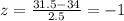 z = \frac{31.5-34}{2.5}=-1