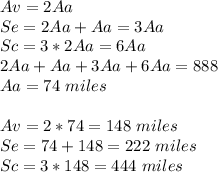 Av = 2Aa\\Se = 2Aa+Aa=3Aa\\Sc = 3*2Aa=6Aa\\2Aa+Aa+3Aa+6Aa=888\\Aa=74\ miles\\\\Av=2*74=148\ miles\\Se = 74+148=222\ miles\\Sc=3*148= 444\ miles