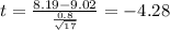 t=\frac{8.19-9.02}{\frac{0.8}{\sqrt{17}}}=-4.28