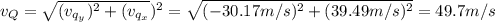 v_{Q} = \sqrt{(v_{q_{y}})^{2} + (v_{q_{x}}})^{2}} = \sqrt{(-30.17 m/s)^{2} + (39.49 m/s)^{2}} = 49.7 m/s