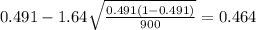 0.491 - 1.64\sqrt{\frac{0.491(1-0.491)}{900}}=0.464