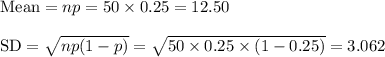 \text{Mean}=np=50\times 0.25=12.50\\\\\text{SD}=\sqrt{np(1-p)}=\sqrt{50\times 0.25\times (1-0.25)}=3.062
