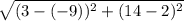 \sqrt{(3 - (-9))^{2} +( 14 - 2)^{2} }