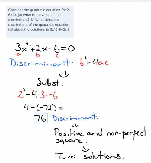 Consider the quadratic equation 3x^2-6+2x. (a) What is the value of the discriminant? (b) What does