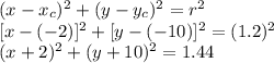 (x - x_c)^2 + (y - y_c)^2 = r^2\\\[[x - (-2)]^2+ [y - (-10)]^2 = (1.2)^2\\(x + 2)^2 + (y + 10)^2 = 1.44