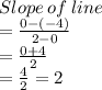 Slope  \: of \:  line   \\ =  \frac{0 - ( - 4)}{2 - 0}  \\  =  \frac{0 + 4}{2}  \\  =  \frac{4}{2}  = 2 \\