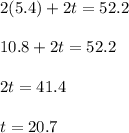 2(5.4)+2t=52.2 \\\\10.8+2t=52.2 \\\\2t=41.4 \\\\t=20.7