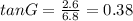 tan G=\frac{2.6}{6.8}=0.38