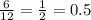 \frac{6}{12}=\frac{1}{2}=0.5