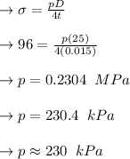 \to \sigma = \frac{pD}{4t}\\\\\to  96 = \frac{p(25)}{4(0.015)}\\\\\to  p = 0.2304\;\;MPa\\\\\to  p = 230.4\;\;kPa\\\\\to p \approx 230\;\;kPa\\\\