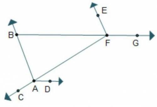 Triangle A B F is shown. Line B F is extended through point G. Line F A is extended through point C.