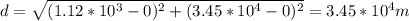 d=\sqrt{(1.12*10^3-0)^2+(3.45*10^4-0)^2}=3.45*10^4m