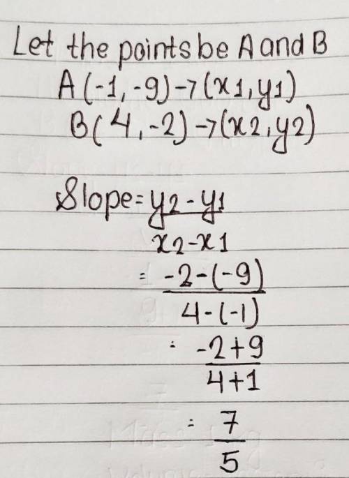 Find the slope of a line through the points (-1,-9) and (4,-2).