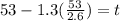 53 - 1.3(\frac{53}{2.6}) = t