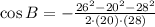 \cos B = -\frac{26^{2}-20^{2}-28^{2}}{2\cdot (20)\cdot (28)}