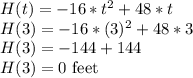H(t) = -16*t^2 + 48*t\\H(3) = -16*(3)^2 + 48*3\\H(3) = -144 + 144\\H(3) = 0 \text{ feet}