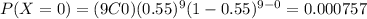 P(X=0)=(9C0)(0.55)^9 (1-0.55)^{9-0}=0.000757