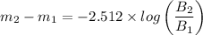 m_{2}-m_{1} = -2.512\times log\left (\dfrac{B_{2}}{B_{1}}  \right )