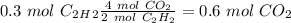 0.3~mol~C_2_H_2\frac{4~mol~CO_2}{2~mol~C_2H_2}=0.6~mol~CO_2