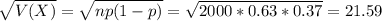 \sqrt{V(X)} = \sqrt{np(1-p)} = \sqrt{2000*0.63*0.37} = 21.59
