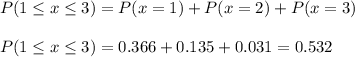P(1\leq x\leq3)=P(x=1)+P(x=2)+P(x=3)\\\\P(1\leq x\leq3)=0.366+0.135+0.031=0.532