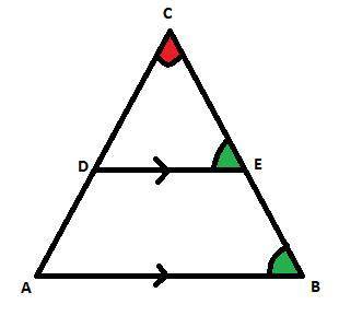 Read the proof. Given: AB ∥ DE Prove: △ACB ~ △DCE Triangle A B C is shown. Line D E is drawn inside