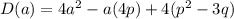 D(a) = 4a^2 - a(4p) + 4(p^2 - 3q)