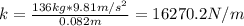 k = \frac{136 kg*9.81 m/s^{2}}{0.082 m} = 16270.2 N/m