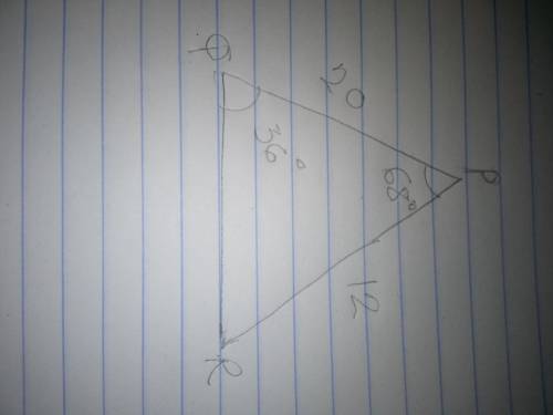 Triangle P Q R is shown. The length of P Q is 20 and the length of P R is 12. Angle Q P R is 68 degr