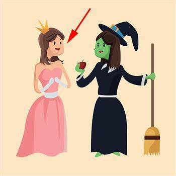 Look at the image, read, and choose the right description. a princess and a witch&lt;