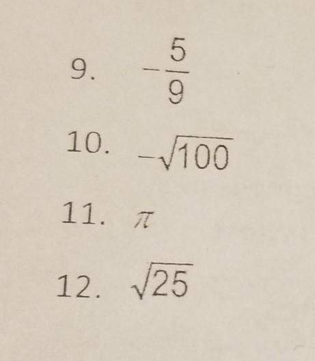 Which of these are rational numbers, integers, whole numbers, irrational numbers?