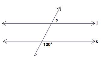 Given that j || k, what is the measure of the missing angle?  a) 30°  b) 40°  c) 6