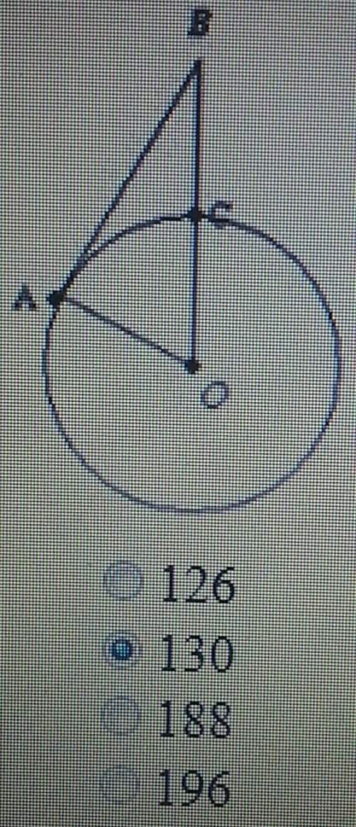 Ab is tangent to o. if ao = 32 and bc = 98, what is ab? my guess is 130? !