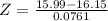 Z = \frac{15.99 - 16.15}{0.0761}