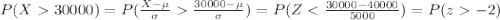 P(X30000)=P(\frac{X-\mu}{\sigma}\frac{30000-\mu}{\sigma})=P(Z-2)