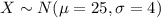 X \sim N(\mu =25, \sigma =4)