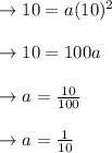\to 10=a(10)^2\\\\\to 10=100a\\\\\to a=\frac{10}{100}\\\\\to a= \frac{1}{10}\\