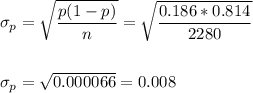 \sigma_p=\sqrt{\dfrac{p(1-p)}{n}}=\sqrt{\dfrac{0.186*0.814}{2280}}\\\\\\ \sigma_p=\sqrt{0.000066}=0.008