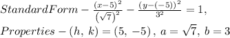 Standard Form - \frac{\left(x-5\right)^2}{\left(\sqrt{7}\right)^2}-\frac{\left(y-\left(-5\right)\right)^2}{3^2}=1,\\Properties - \left(h,\:k\right)=\left(5,\:-5\right),\:a=\sqrt{7},\:b=3\\